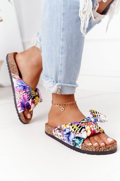 Slippers On The Cork Sole White With Flowers Wendy