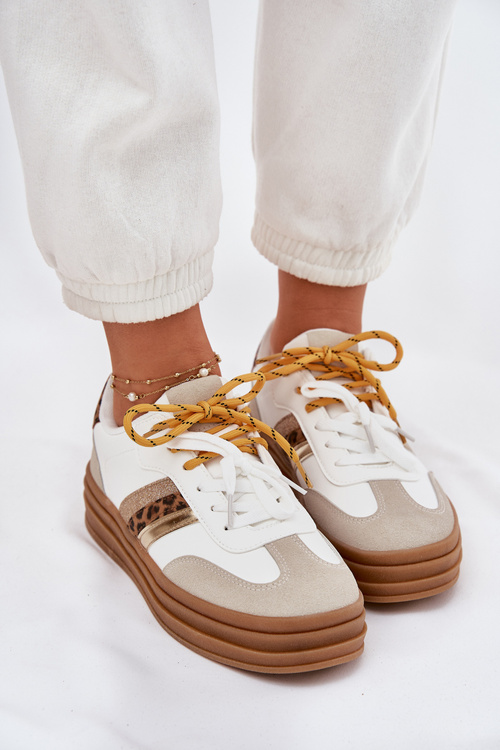 Damskie Sneakersy Z Podwójnym Sznurowaniem Na Platformie Panterka Białe Niteria