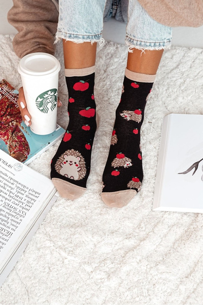 Damskie Skarpetki Jeże I Jabłka Czarne