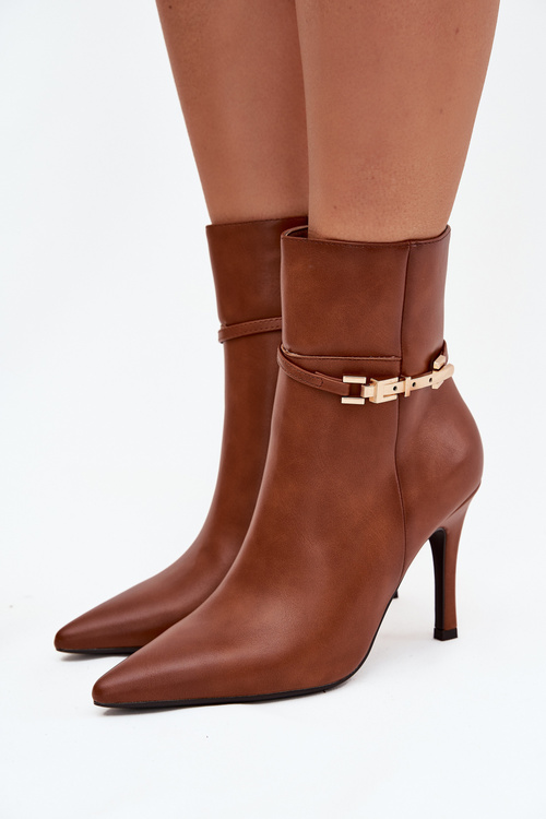 Women's heeled ankle boots with strap and gold element insulated Camel Bellisse