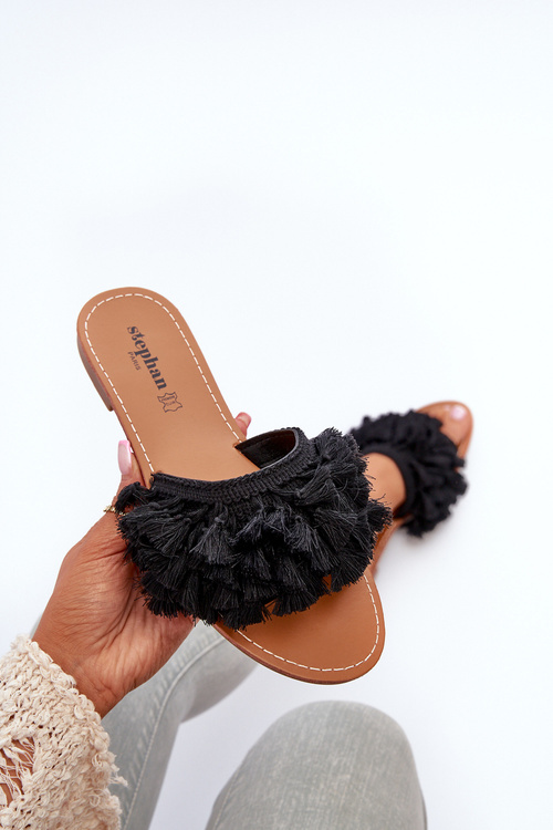 Women's Flat Sandals with Fringes Black Rialle