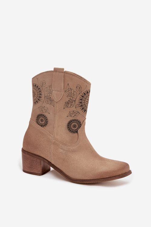 Suede Leather Women's Ankle Boots Perforated Heel Zazoo 3844 Beige