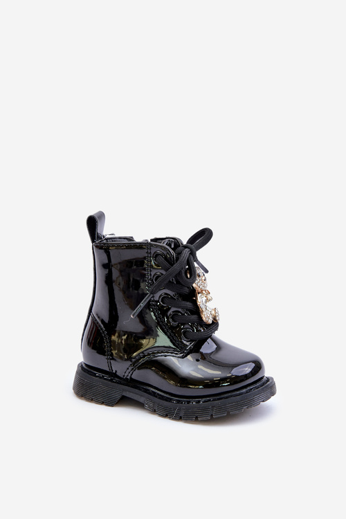 Warm Patent Leather Kids Boots With Bear And Zipper Black Enchanta