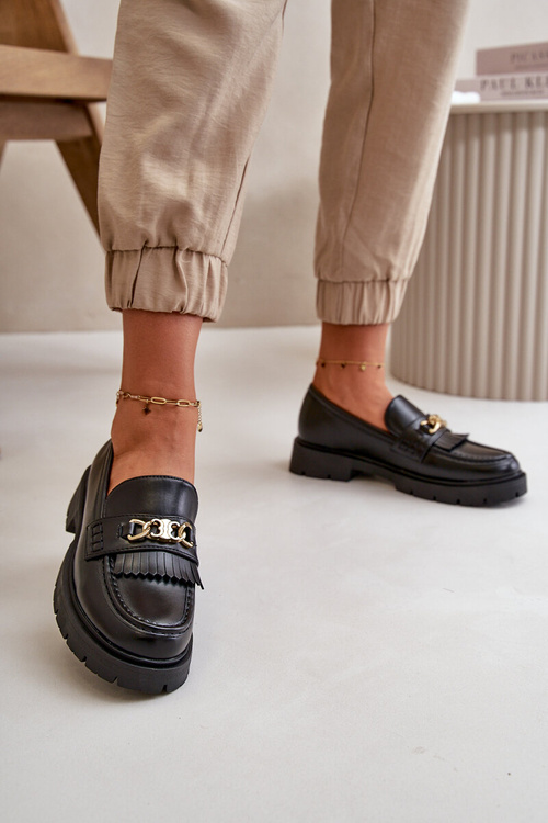 Eco Leather Women's Moccasins with Gold Decoration Black Zanita