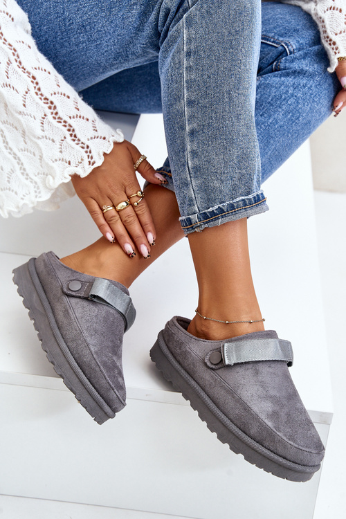 Kapcie Damskie Ocieplane Na Platformie Futerko Szare Azida