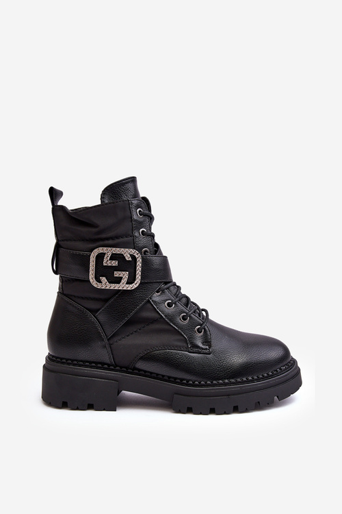 Gennee Leather Black Workery Boots with Chain