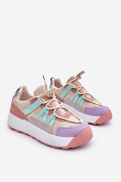 Buty Sportowe Damskie Zamsz Platforma Beżowo-Różowe Rohan