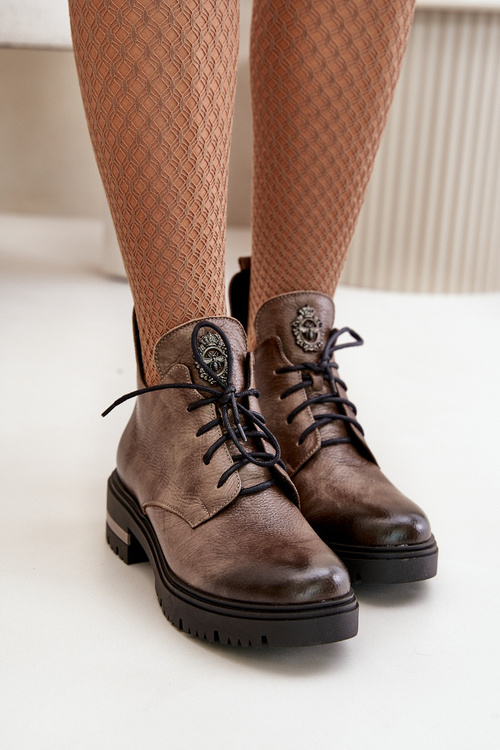 Botki Damskie Skóra Płaski Obcas Ciemnobeżowe Zazoo 60309