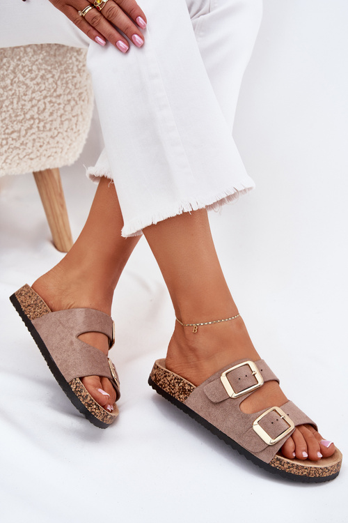 Women's Slippers Made Of Eco Suede Golden Buckles Dark Beige Vorella