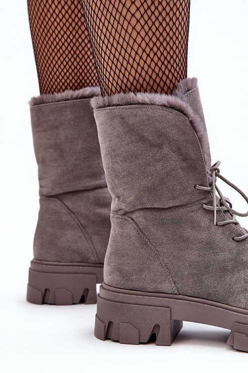 Workery Botki Sznurowane Zamsz Futerko Szare DA96P