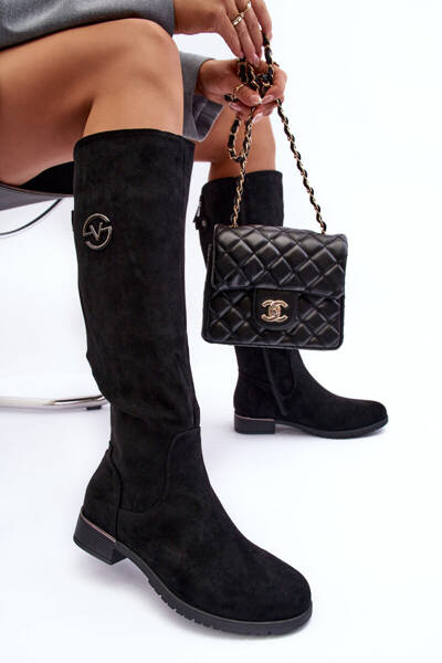 Women's Suede Boots on Flat Heel Black Albuna
