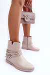 Women's Decorated Leather Boots on Flat Heel Beige Adkrana