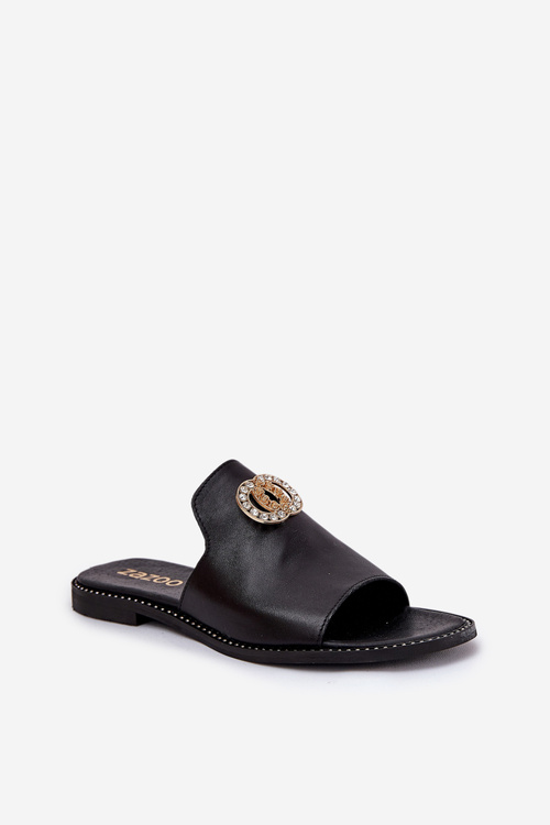 Klapki Skóra Naturalna Płaski Obcas Eleganckie Z Ozdobą Czarne Zazoo 3008