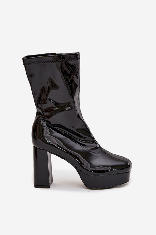 Patent leather women's ankle boots on platform and wedge heel black Calvessa