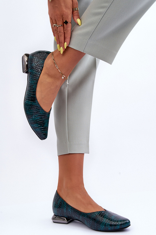 Leather Lacquered Ballet Flats on Flat Heel Dark Green Vaani