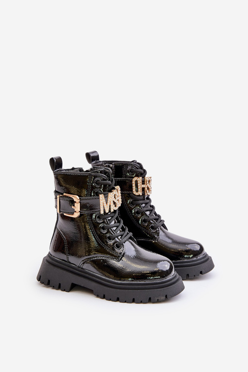 Girls Patent Insulated Boots With Decorative Strap Black Gilian