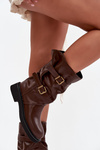 Wrinkled Women's Boots To The Middle Of The Leg With Straps And Buckles Brown Halvessa