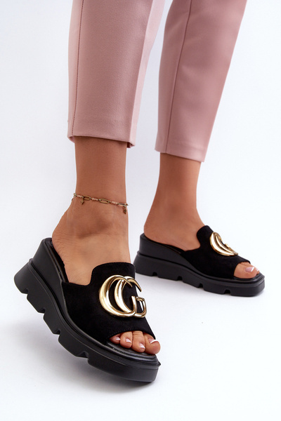 Women's Slippers Made Of Eco Suede On Wedge And Platform With Gold Decoration Vinceza 58295 Black