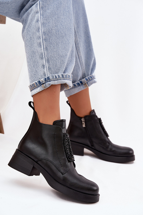 Leather Women's Block Heel Boots with Ornament D and JC52-869 Black