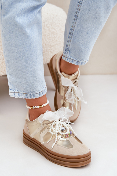 Damskie Sneakersy Z Przypinkami Na Platformie Beżowo-Złote Vinness