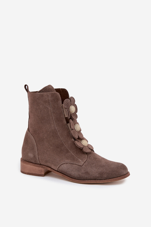 Suede Women's Ankle Boots with Decorative Flowers Zazoo 3085 Dark Beige