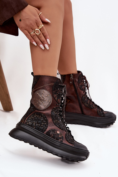 Leather Platform Boots Lined Maciejka 06565-02 Brown-Gold