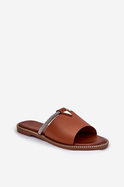Eco Leather Slippers With Flat Heel And Decorative Strap Camel Hirtewi