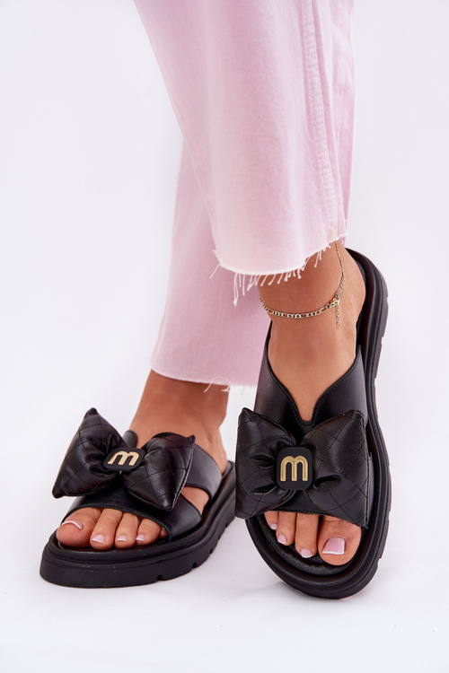 Ladies leather sandals on platform with bow CheBello 4647 black