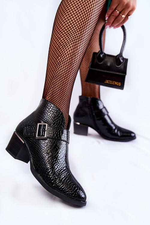 Botki Damskie Lakier Ocieplane Czarne Hege