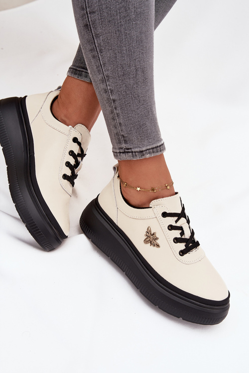 Leather Women's Platform Shoes with Buckle Vinceza 41495 Beige