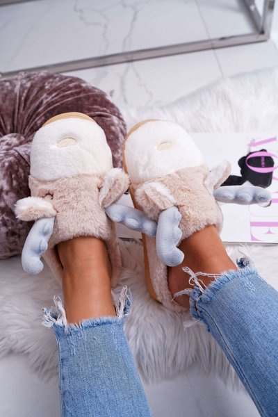 Ladies' Slippers With Fur Reindeer Beige Deff