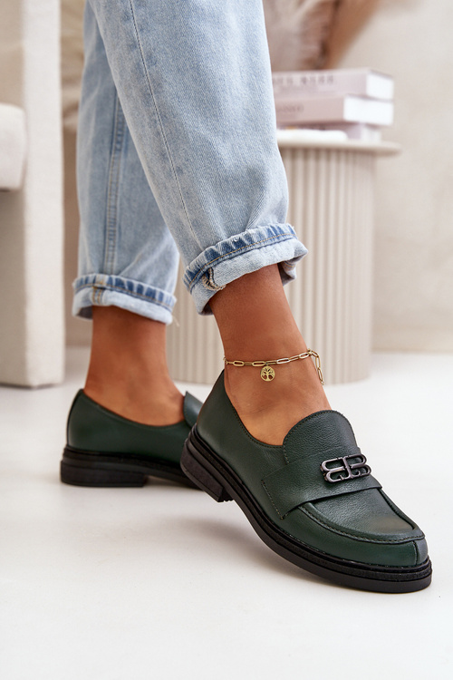 Zazoo 20174 Leather Elegant Women Loafers Flat Heel Dark Green