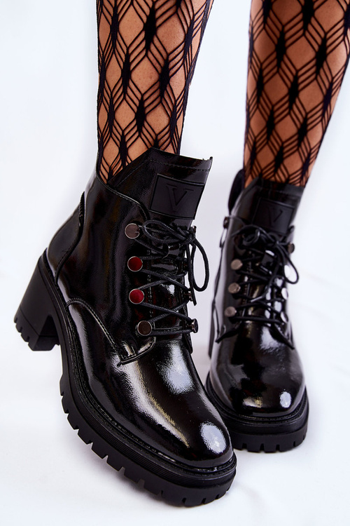 Botki Lakier Ocieplane Sznurowane Czarne Ragnhild