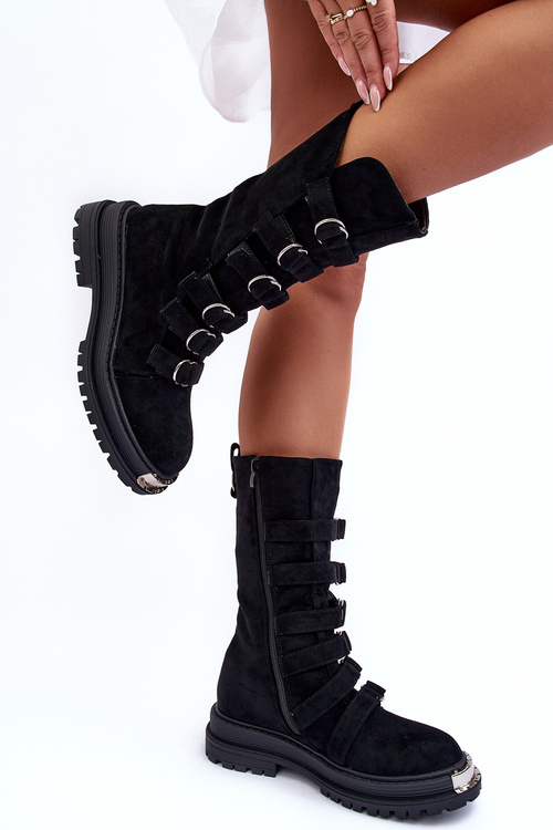 Leather High Boots with Straps Black Elnatea