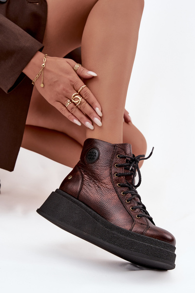 Botki Damskie Skóra Masywna Platforma Metaliczny Brąz Maciejka 06309-32