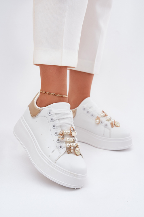 Women's Platform Sneakers With Ribbons White-Gold Ocerdia