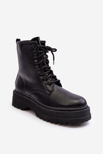 Women's Lace-up Ankle Boots with Thick Sole Black Biancis
