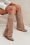 Ladies Slip-On Cowboy Boots With Heel And Fringes Beige Zalia