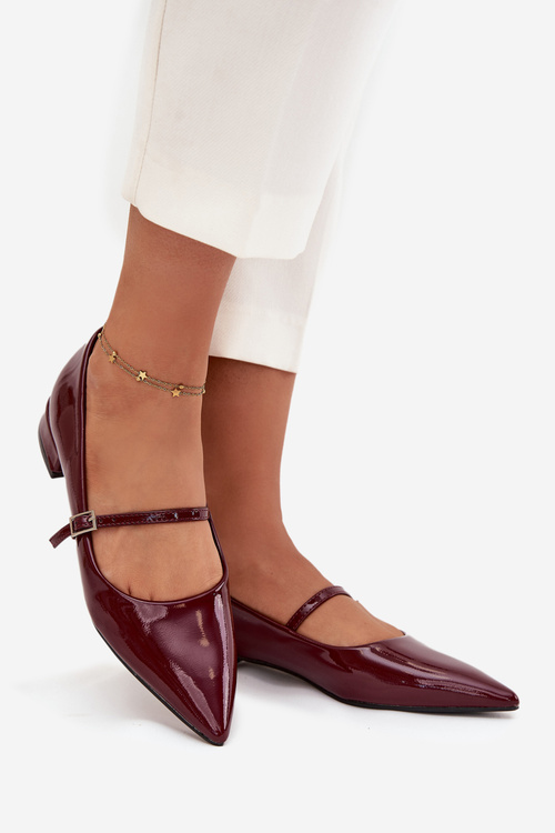 Damskie Baleriny Lakierowane Delikatny Obcas Pasek Bordowe Isvella