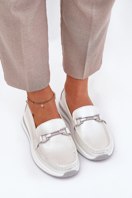 Leather Women's Moccasins With Decoration D&A LR51-966 Silver