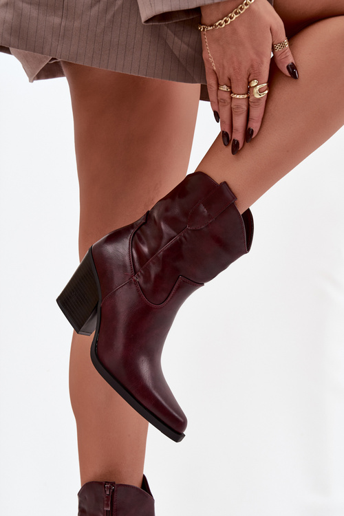 Damskie Botki Obcas Słupek Kowbojki Eko Skórzane Bordowe Sorelia