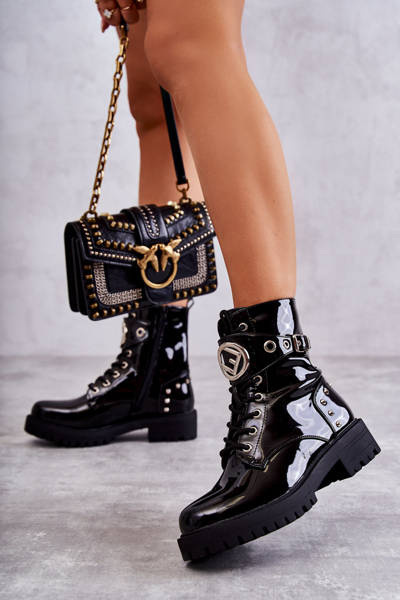 Lacquered Women's Boots With Studs Black Leticia