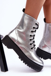 Botki Workery Metaliczne Skóra Srebrne Teflorna CLS-270