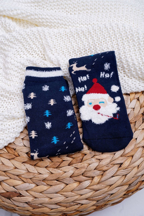 Women's Christmas Socks Anti-Slip Navy Blue with Santa Claus