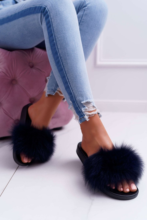 Women's Flip Flops with Natural Fur Navy Blue Naturis