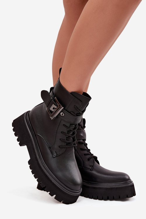 Leather Women's Work Boots Insulated With Decorative Clasp D&A MK52-032 Black