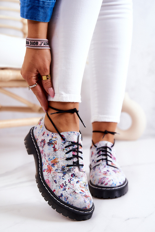 Women's Leather Brogues Oxfords Maciejka 4087A-38 White With Flowers