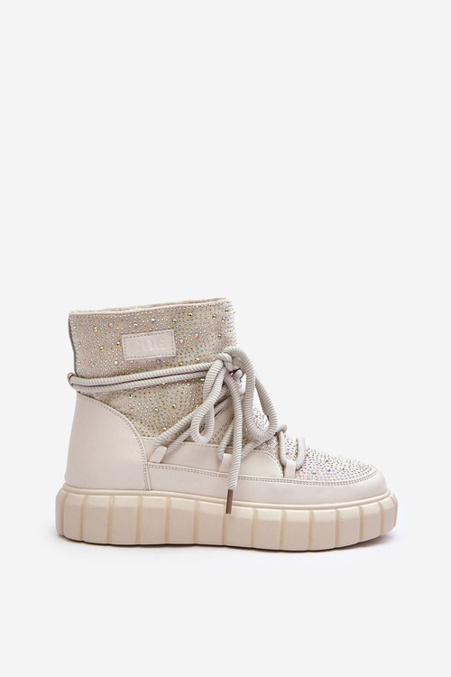 Quilted Snow Boots Embellished with Rhinestones Women's GOE MM2N4081 Beige