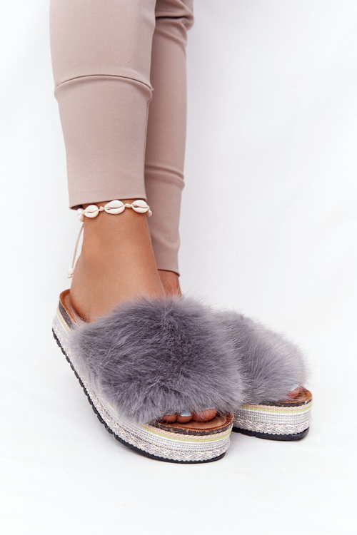 Platform Slippers With Eco Fur Grey Adventure