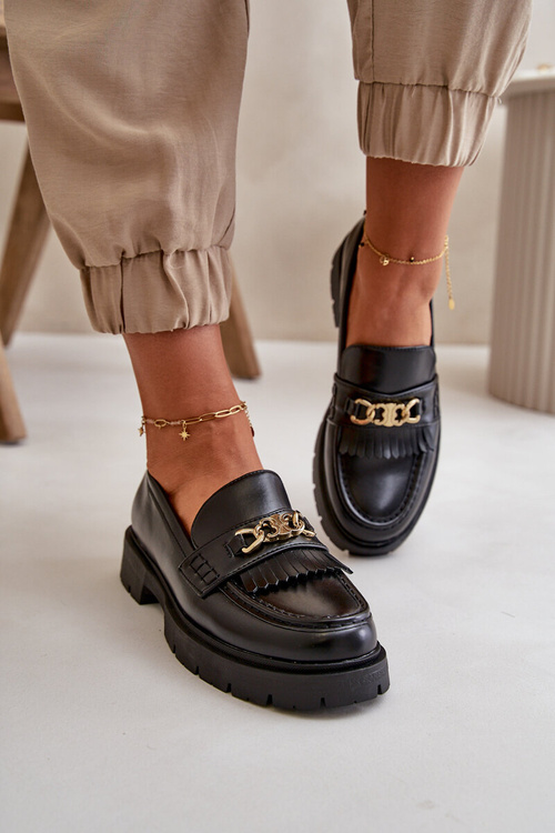 Eco Leather Women's Moccasins with Gold Decoration Black Zanita